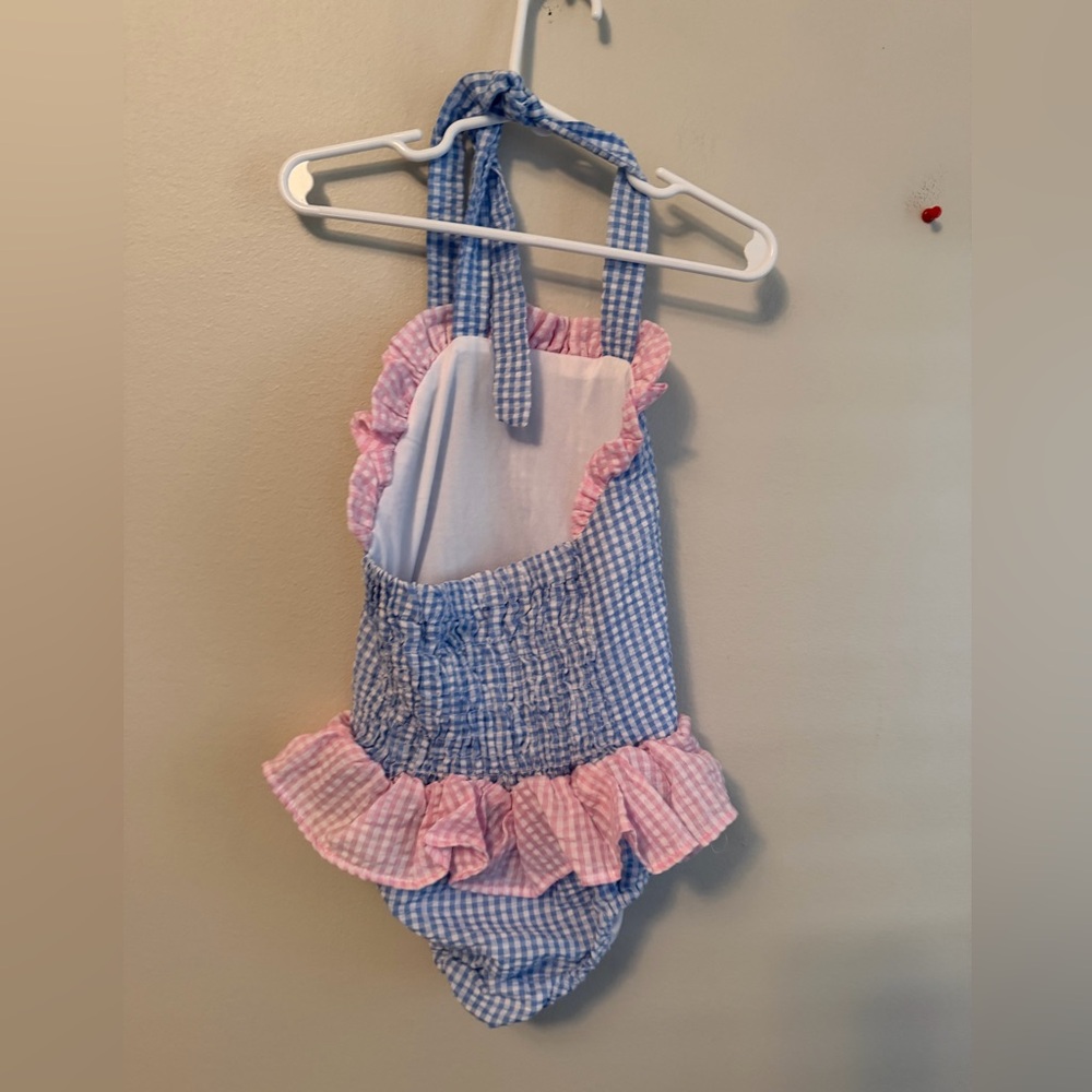 Cecil and Lou Blue and Pink Gingham Ruffle Swimsuit - Picture 2 of 4